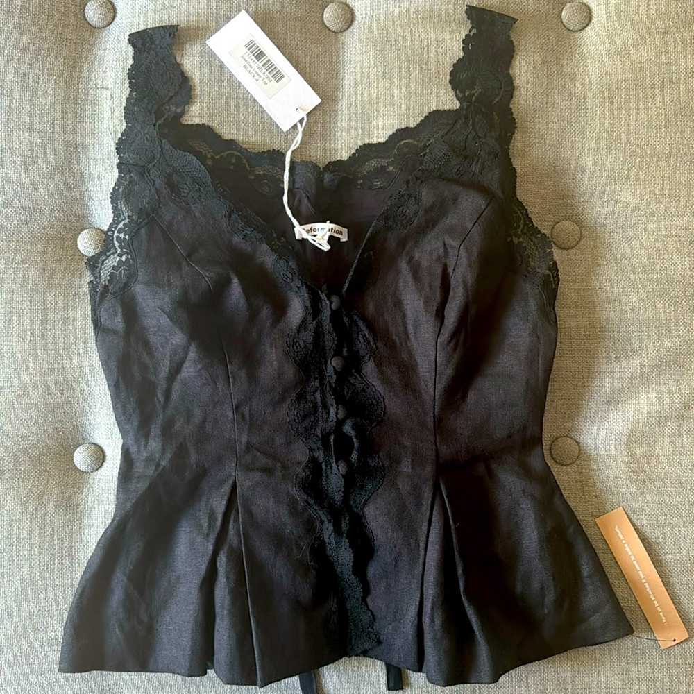 NWT Reformation Josefina Linen Top in black, size 4
